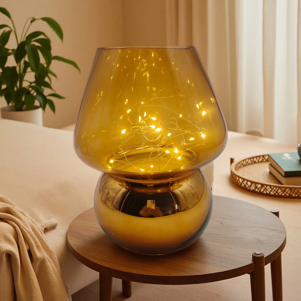 Glass Mushroom Table Lamp/ Battery Operated, Cute Mushroom Shaped LED Fairy Light, Portable Mini Glass Night Light for Bedroom Decor/ Corner Ambient Lighting, Battery Powered (Battery Not Included)