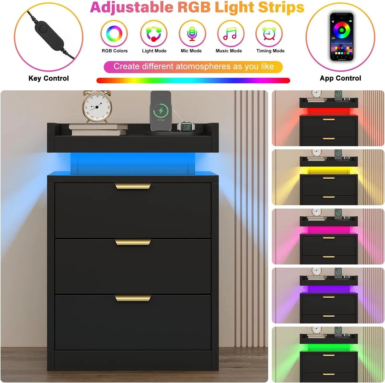 LED End Tables, Set of 2 with Charging Station USB Ports, 3-Drawer Table
