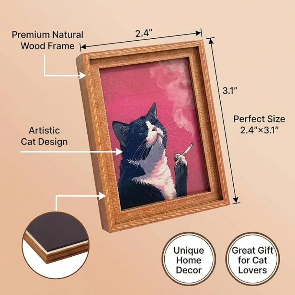 3D Funny Wooden Fridge Magnets Frame, Retro Cool Cat Magnetic Refrigerator/ Locker Magnet/ Photo Frames Holder for Home/ Kitchen/ Office Indoor/ Outdoor Decorations