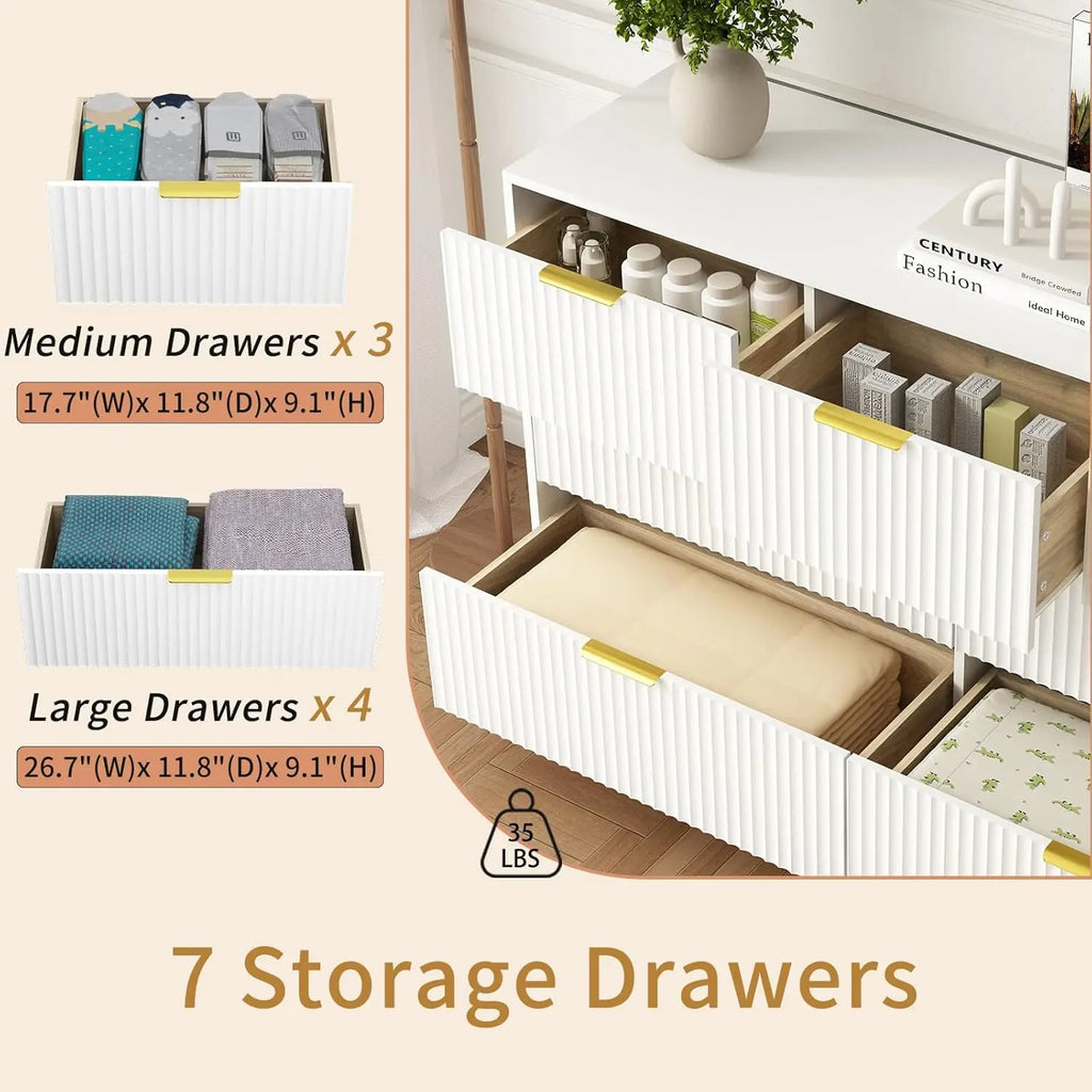 Mid-Century 3-Piece Bedroom Furniture Set: 2-Nightstands and 7-Drawer Dresser with Gold Hardware