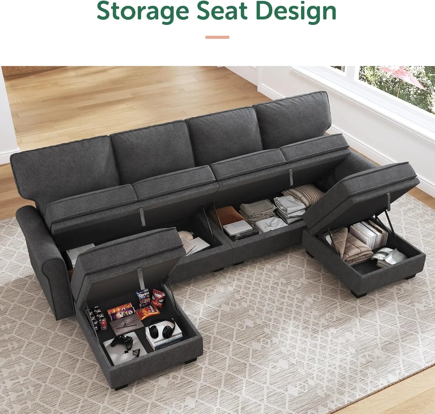 Sectional Sofa with Storage Seat U- Shaped Couch with Reversible Chaise/ Convertible Sectional Couches