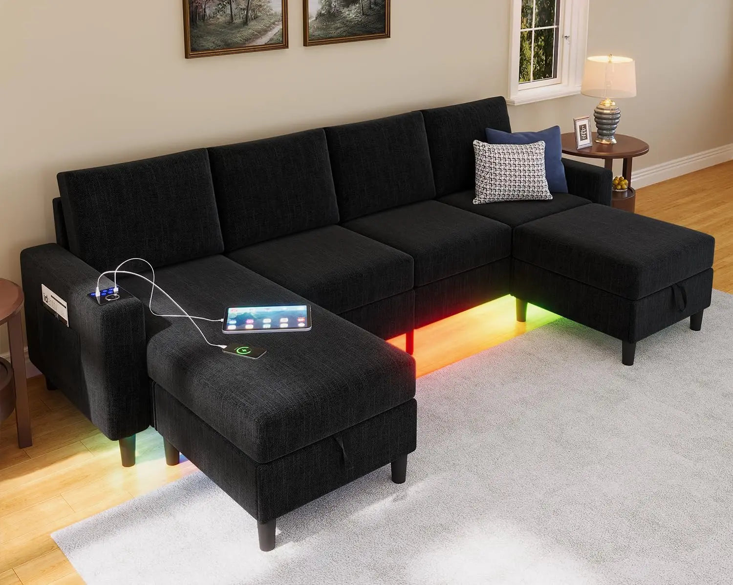 Smart Sectional Couches for Living Room, 6 Seat U/L Shaped Sectional Sofa with RGB Light/Charging,