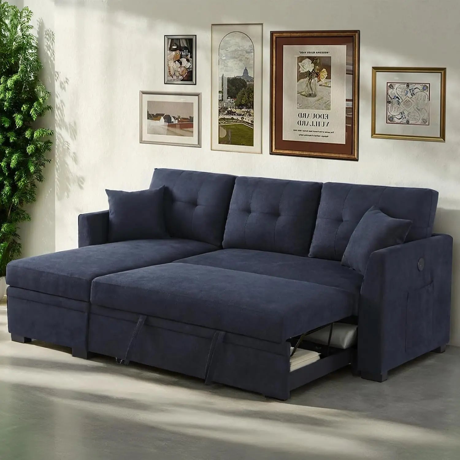 Convertible Sleeper Sofa Bed with L-Shaped Sectional, Reversible Storage Chaise, Dual USB Ports, and Side Pockets