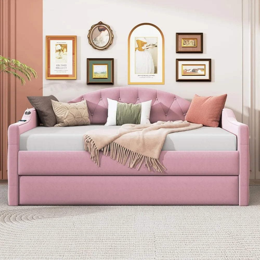 Twin Velvet Daybed with Trundle and Tufted Sofa Bed, USB & Type-C Ports Included