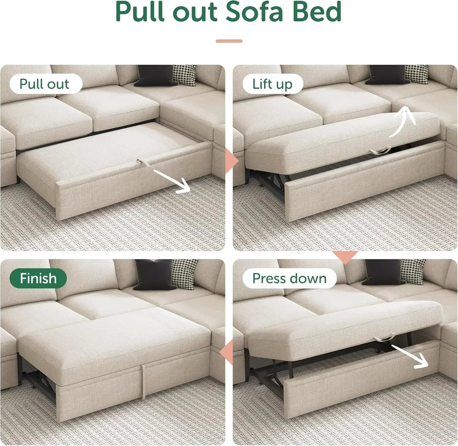 Modular Sectional Sleeper Sofa with Pull Out Bed, U Shaped Sectional Couch with Storage Ottoman, Convertible 7-Seater Sofa,