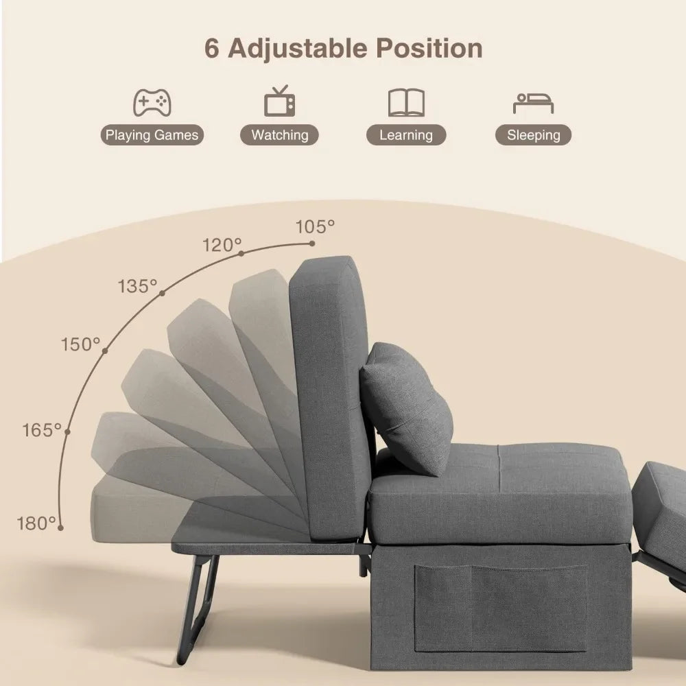 Sleeper Chair, Bed, 4 in 1 Sofa Bed, Assembly-Free Folding Ottoman with Adjustable Backrest and Pillow, Breathable Linen