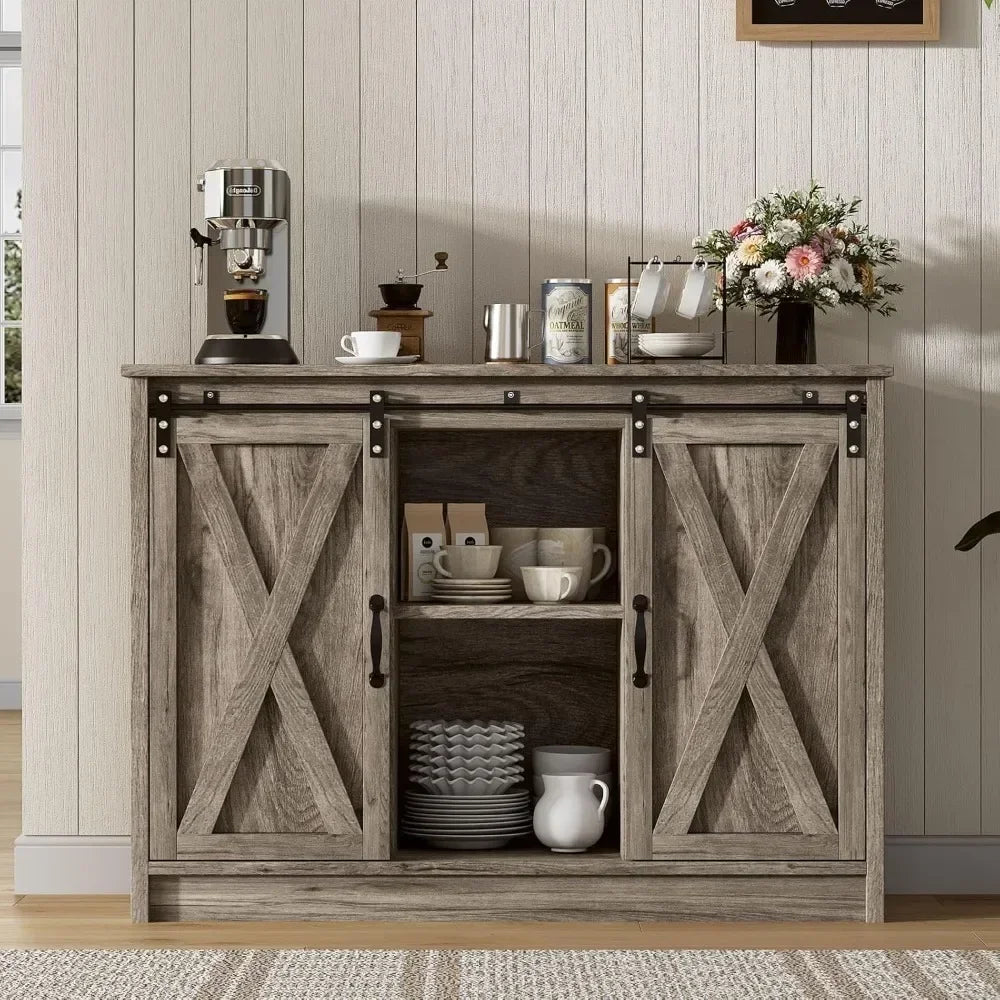 Farmhouse Coffee Bar Cabinet with Sliding Barn Door, 42” Coffee Bar Table with Adjustable Shelves, Buffet Cabinet with Storage