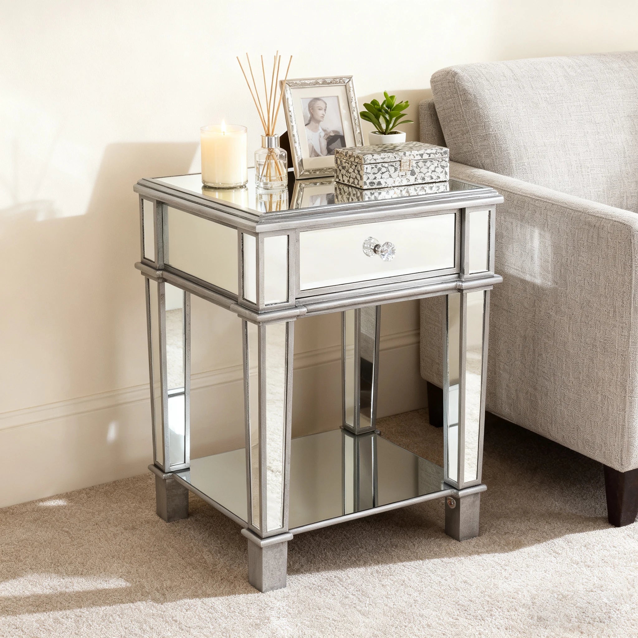 Silver Mirrored Nightstand, End Side Table for Bedroom, Living Room Bedside Table with Drawer and Open Shelf