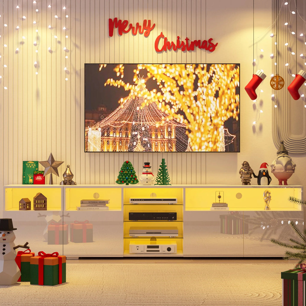 79" LED TV Stand for 75/80/85" TV,  High Gloss TV Cabinet w/Adjustable Storage Shelf, Modern Entertainment Center, White/Black