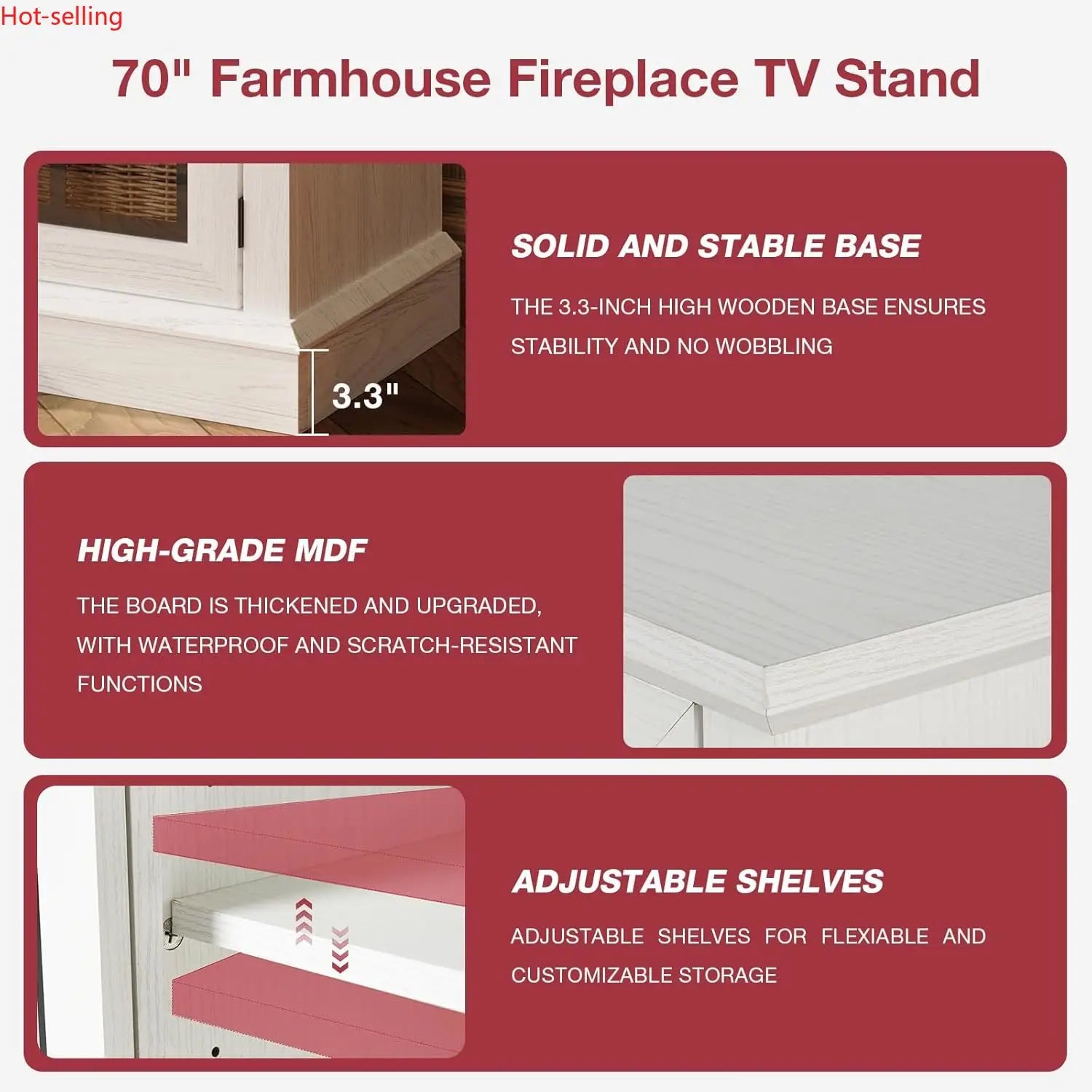 36 Inch 3-Sided Glass Fireplace TV Stand for TVs up to 80",Rustic Media Entertainment Center/Console Table with Glass Door/Storage