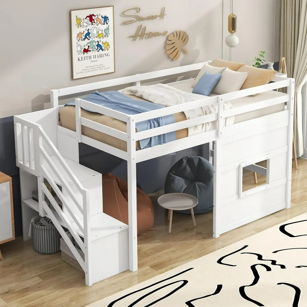 Twin-Size Loft Bed with Storage, Steps, and Spacious Underbed Area for Teens and Children, Solid Wood Construction, Full-Size