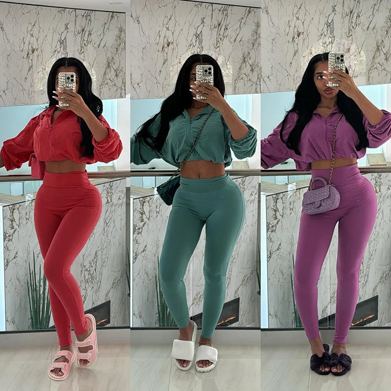 XTOCEAN Autumn Casual Women 2 Piece Set Classic Solid Long Sleeve Drawstring Zip-up Coats + Slim Pants, Female Basic Sporty Outfits