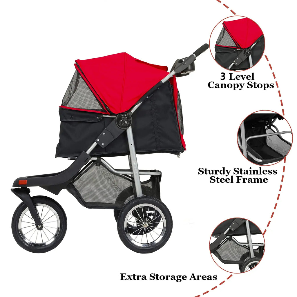 Rugged 3-Wheel Dog and Cat Stroller for Medium and Small Pets with Foldable Design and Suspension