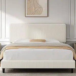 Full Size Bed Frame with Adjustable Headboard, Chenille Fabric Upholstered Headboard