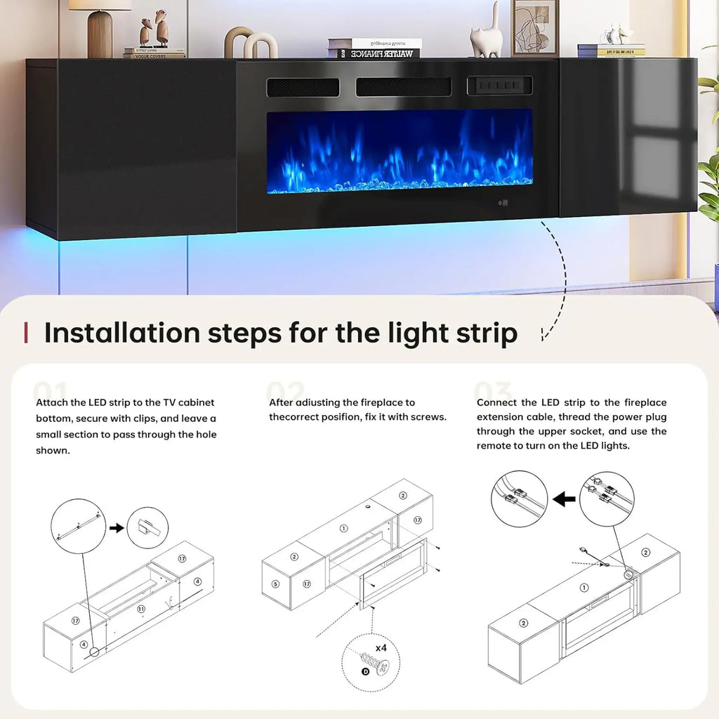 70" Floating TV Stand with 36" Electric Fireplace, Wall Mounted Fireplace Entertainment Center with Storage