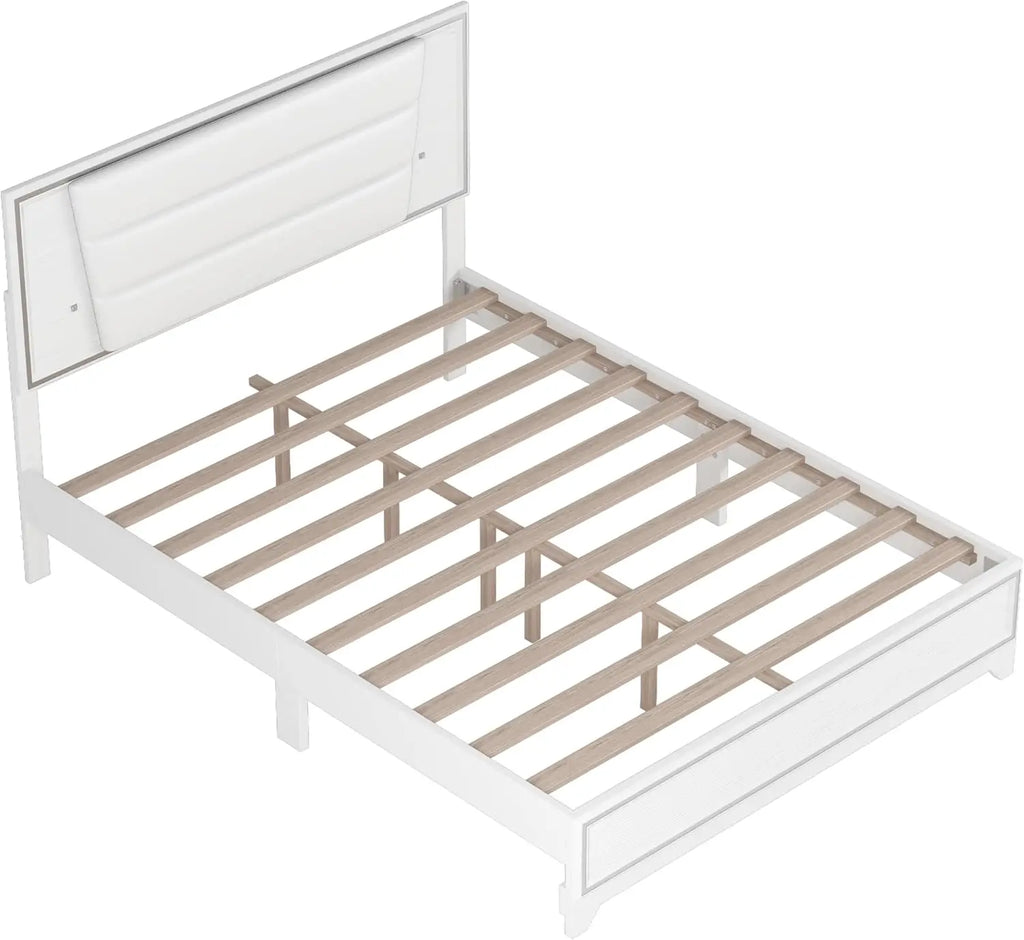 3 Pieces Bedroom Set Queen Size Upholstered Bed with LED Lights, Nightstands, White