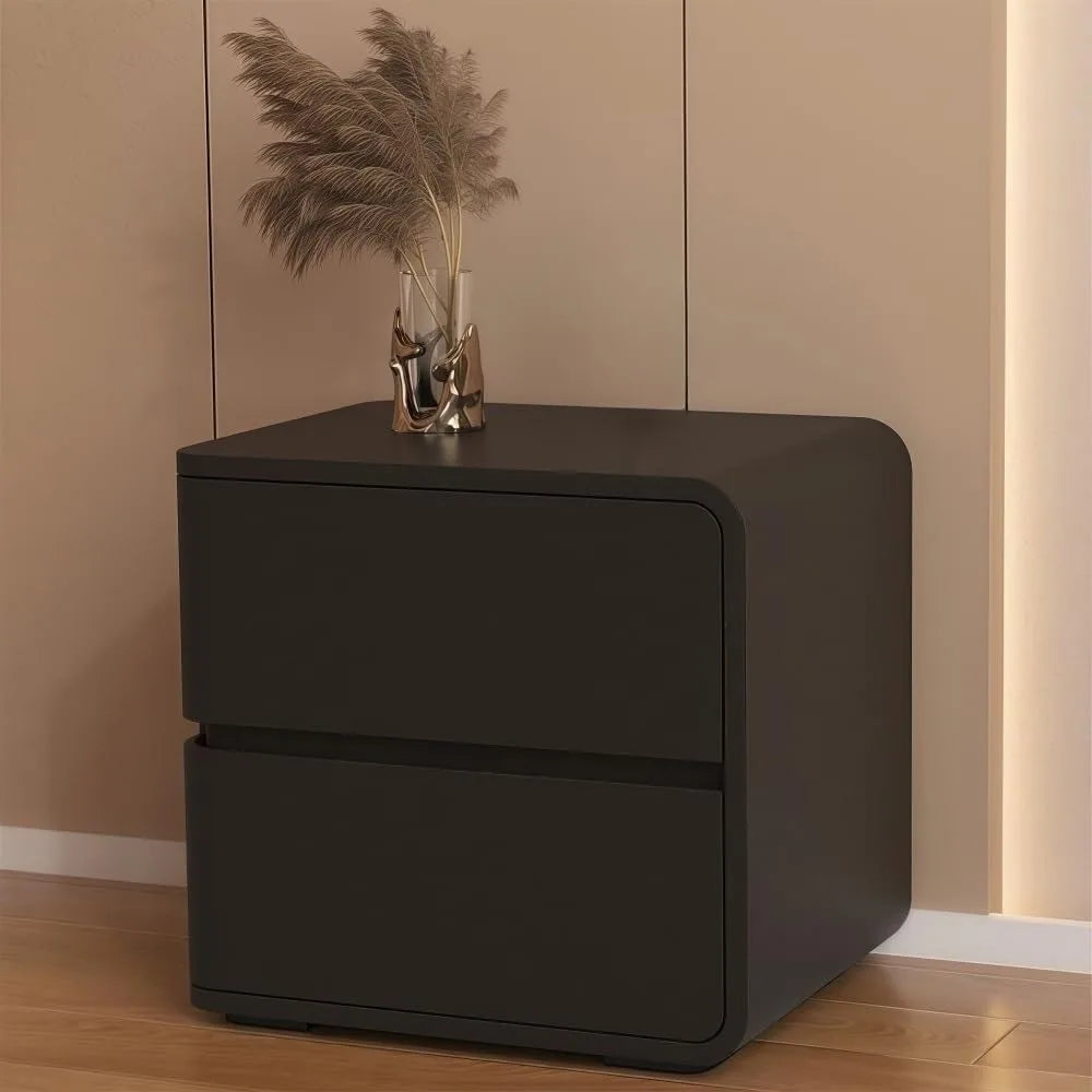 Minimalist Bedside Table - Wood Nightstand with 2 Drawers & Leather Storage - Multifunctional Side Table for Bedroom & Living