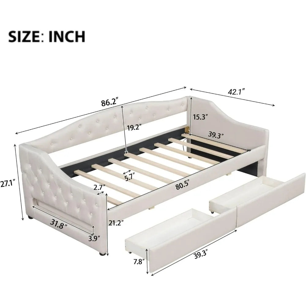 Linen-Covered Twin XL Daybed with Storage Drawers, LED Lighting, and Solid Wood Slat Support for Guest Rooms