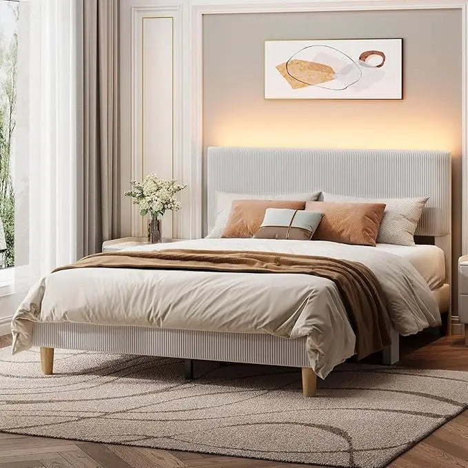 Queen Bed Frame with Adjustable Headboard, LED Lighting