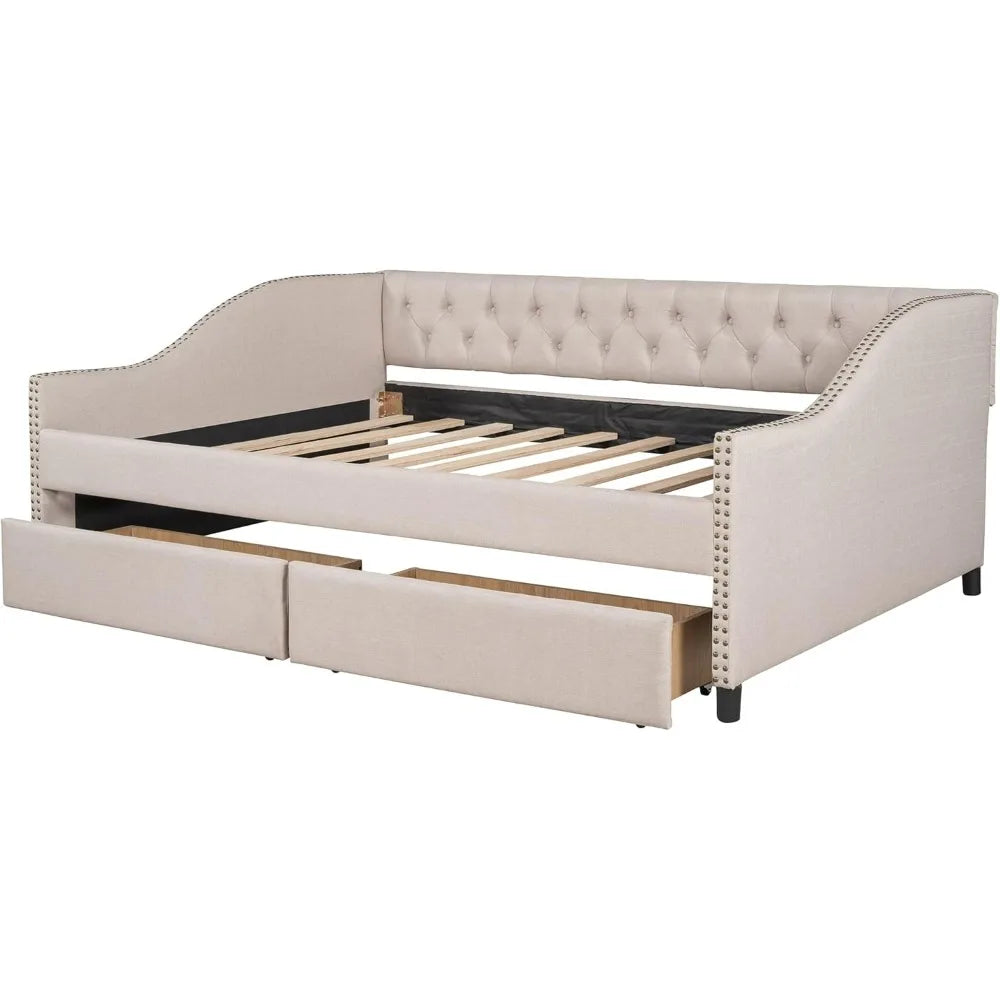 Full Size Linen Daybed with Diamond Tufted Backrest, Armrests, and Two Drawers for Guest and Bedroom Use