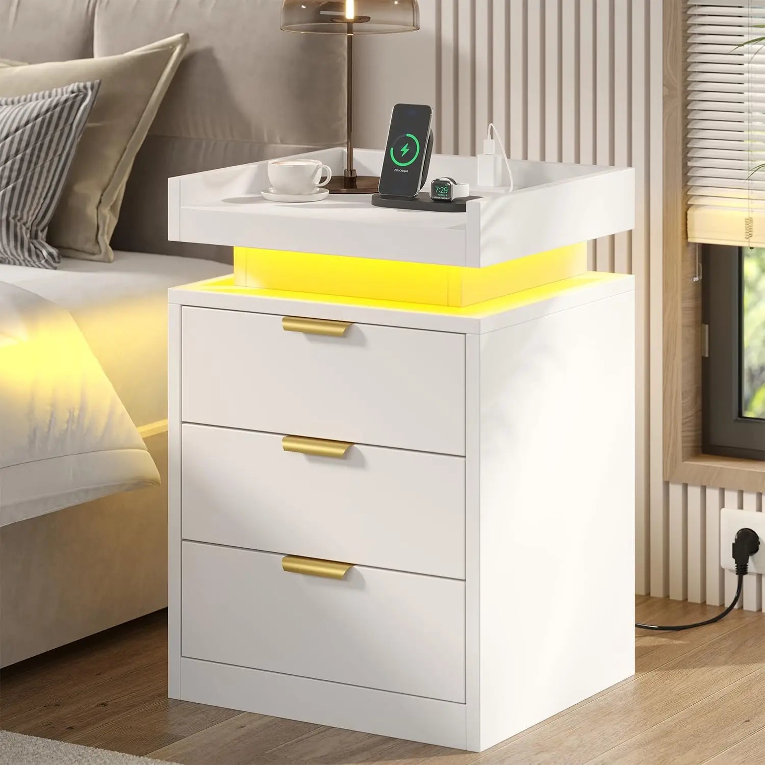LED End Tables, Set of 2 with Charging Station USB Ports, 3-Drawer Table