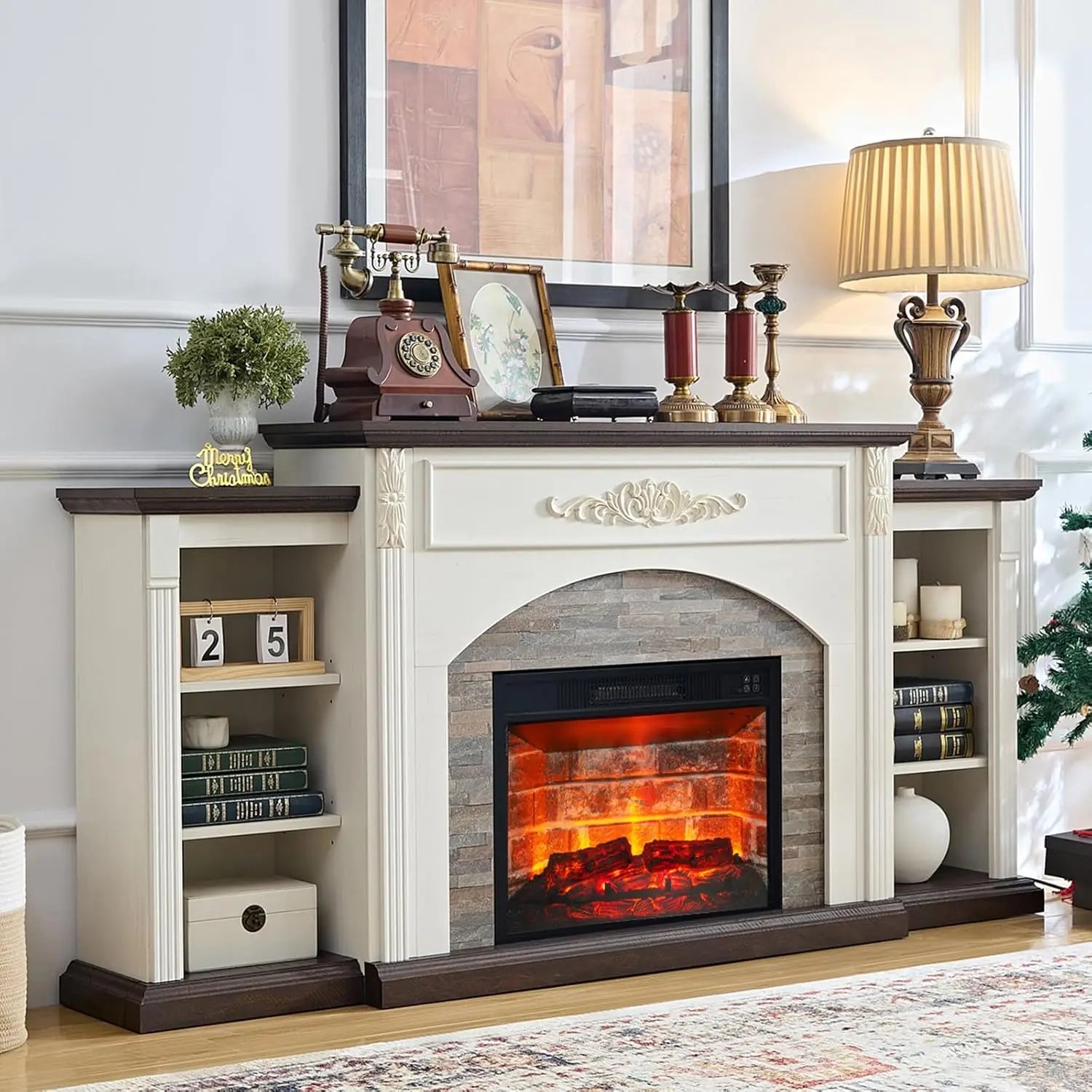 72" Electric Fireplace with Mantel, Farmhouse TV Stand for TVs Up to 80", White Entertainment Center with Storage