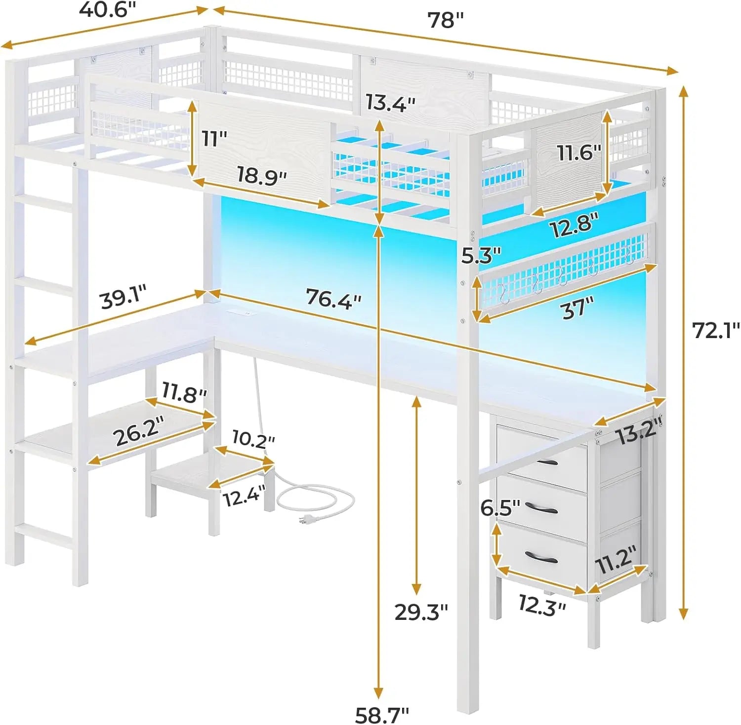 Loft Bed Twin Size with L-Shaped Desk, LED Lights, Charging Station, Twin Metal Loft Bed Frame with Fabric Drawers & Shelves