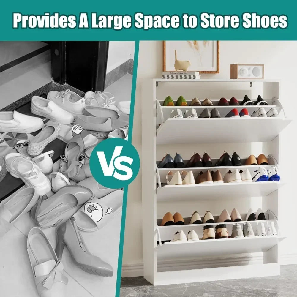 Shoe Storage Cabinet for Entryway with 3 Flip Drawers, Sturdy Wood Hidden Shoe Storage, Freestanding Narrow Slim Shoe Organizer