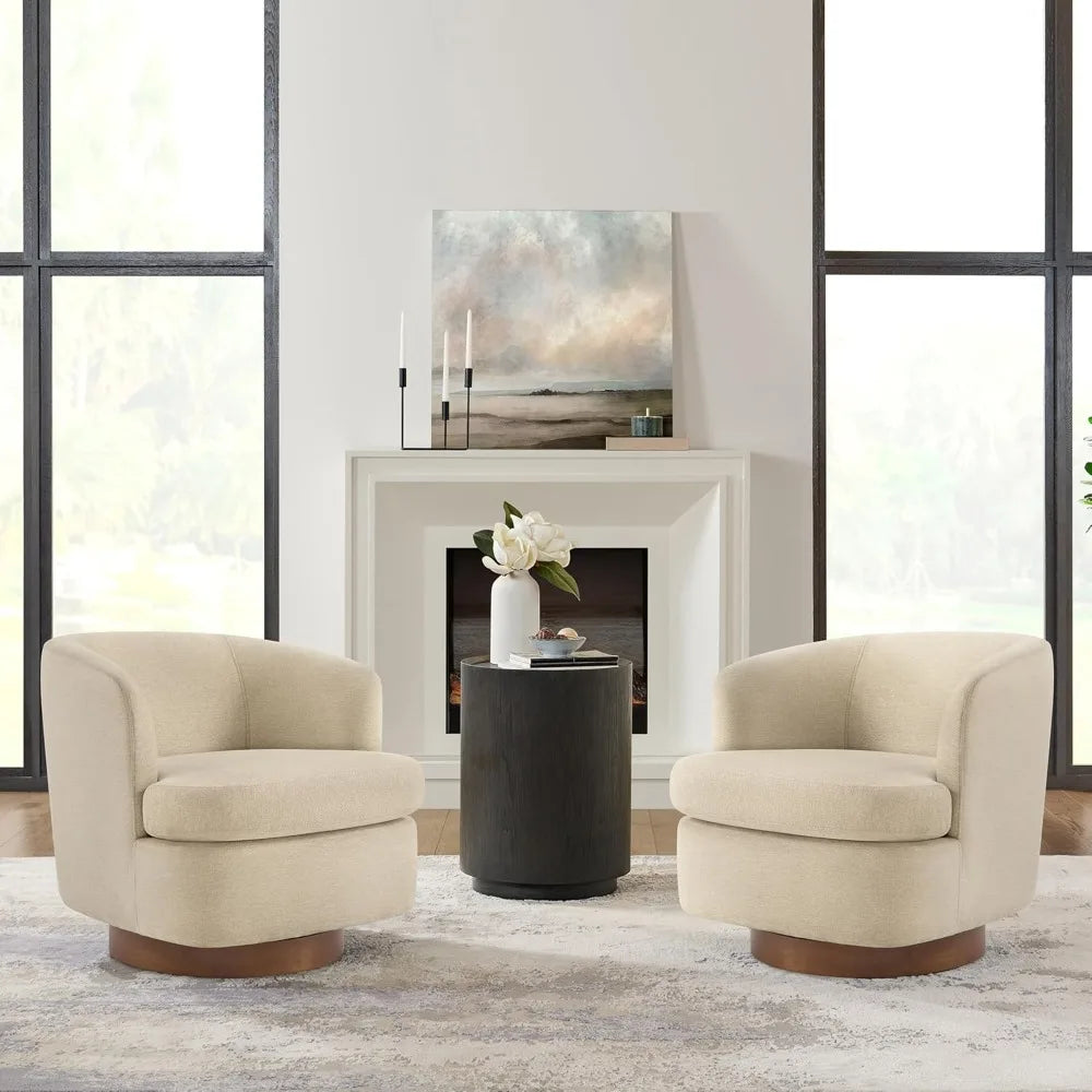Swivel Accent Chair, Barrel Armchair with Upholstered Performance Fabric and Wood Base for Bedroom Waiting Living Room, 2 PCS