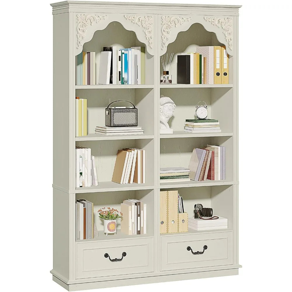 Vintage 70" High 8-Tier Bookshelf with Arched Shelves, Drawers, Roman Columns, and Classic Carved Style
