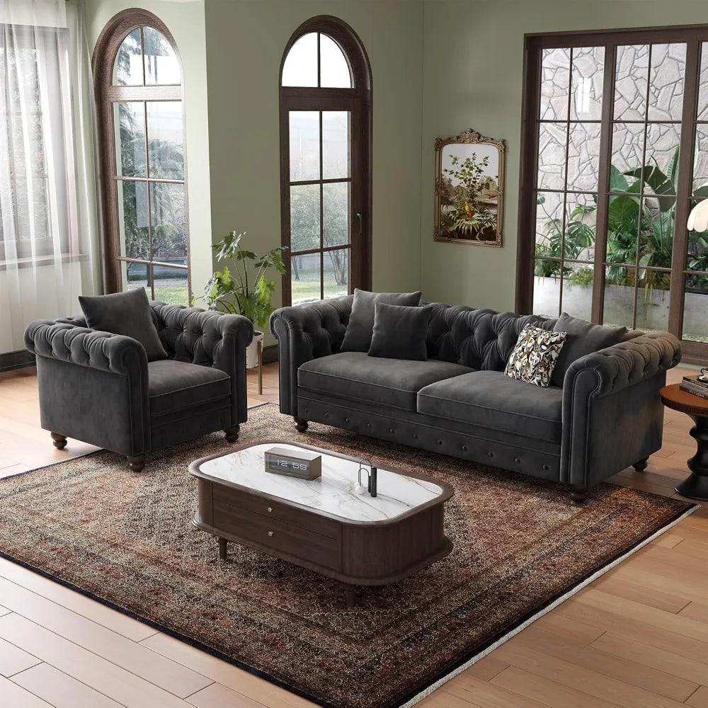 82 Inch Chesterfield Sofa, 23 Inch Deep Seat Velvet Couch for Living Room, Button Tufted Couch with Rolled Arms, 2 Throw Pillows