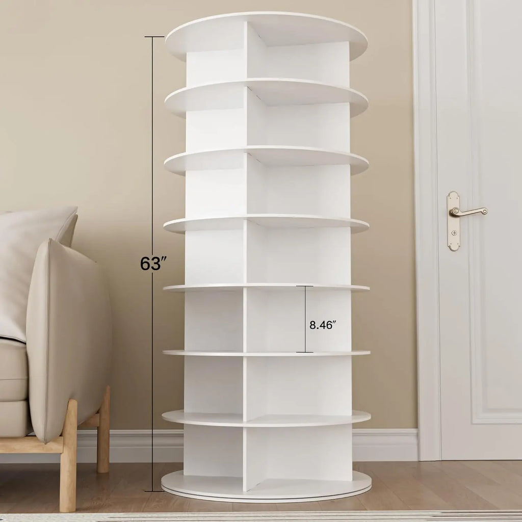 Rotating Shoe Rack Tower 7 Tier Organizer, Vertical Spinning Shoe Display/ Lazy Susan, Revolving 360 White Shoe Rack Storage