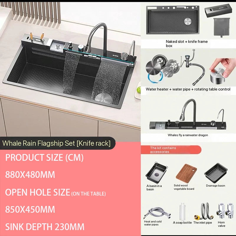 Gold 5mm Waterfall Kitchen Sink/ Honeycomb Technology Large Digital Display Stainless Steel Sink