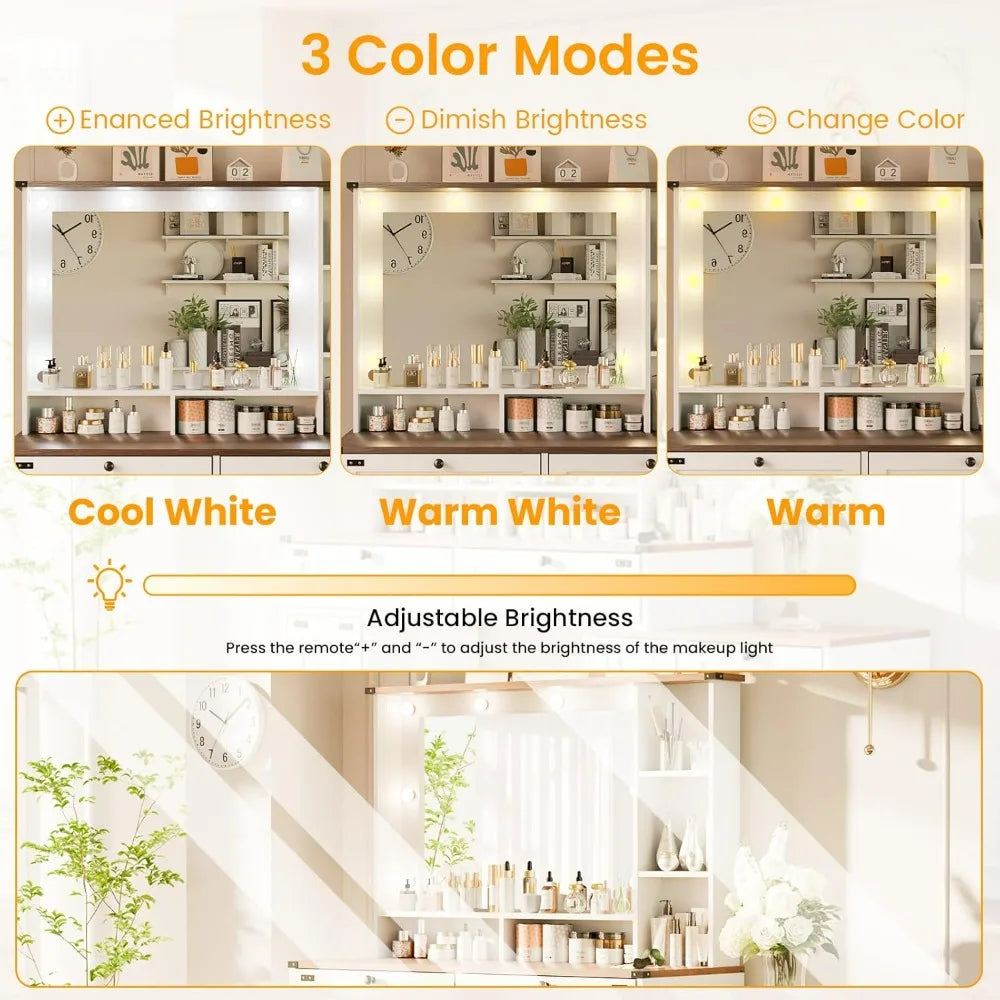 Expansive Makeup Vanity Table with Tri-Color Lighting and Ample Storage Featuring 5 Generous Drawers