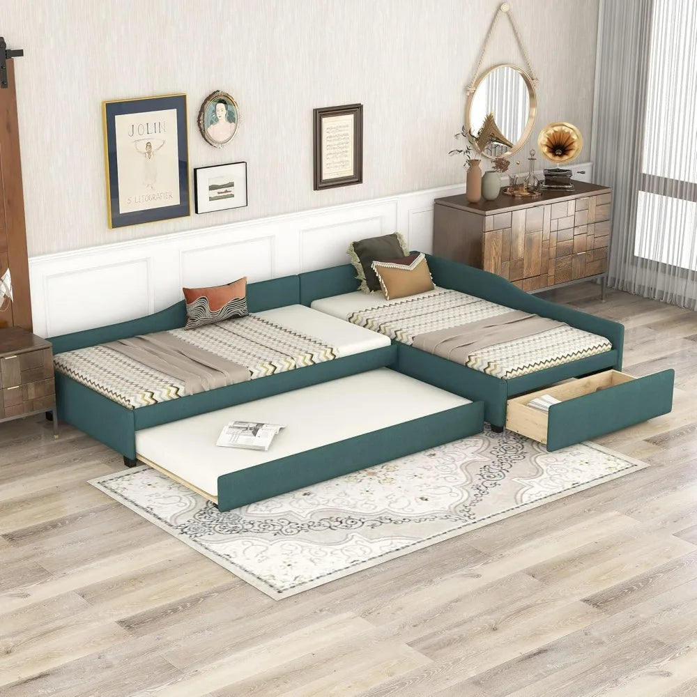 Green Twin Daybed with Upholstered Trundle and Storage for Teens