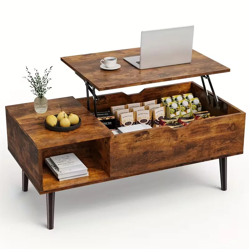 Coffee Table For Living Room, Coffee Table, Small Rising Wooden Dining Center Table With Storage Shelf & Hidden Compartment