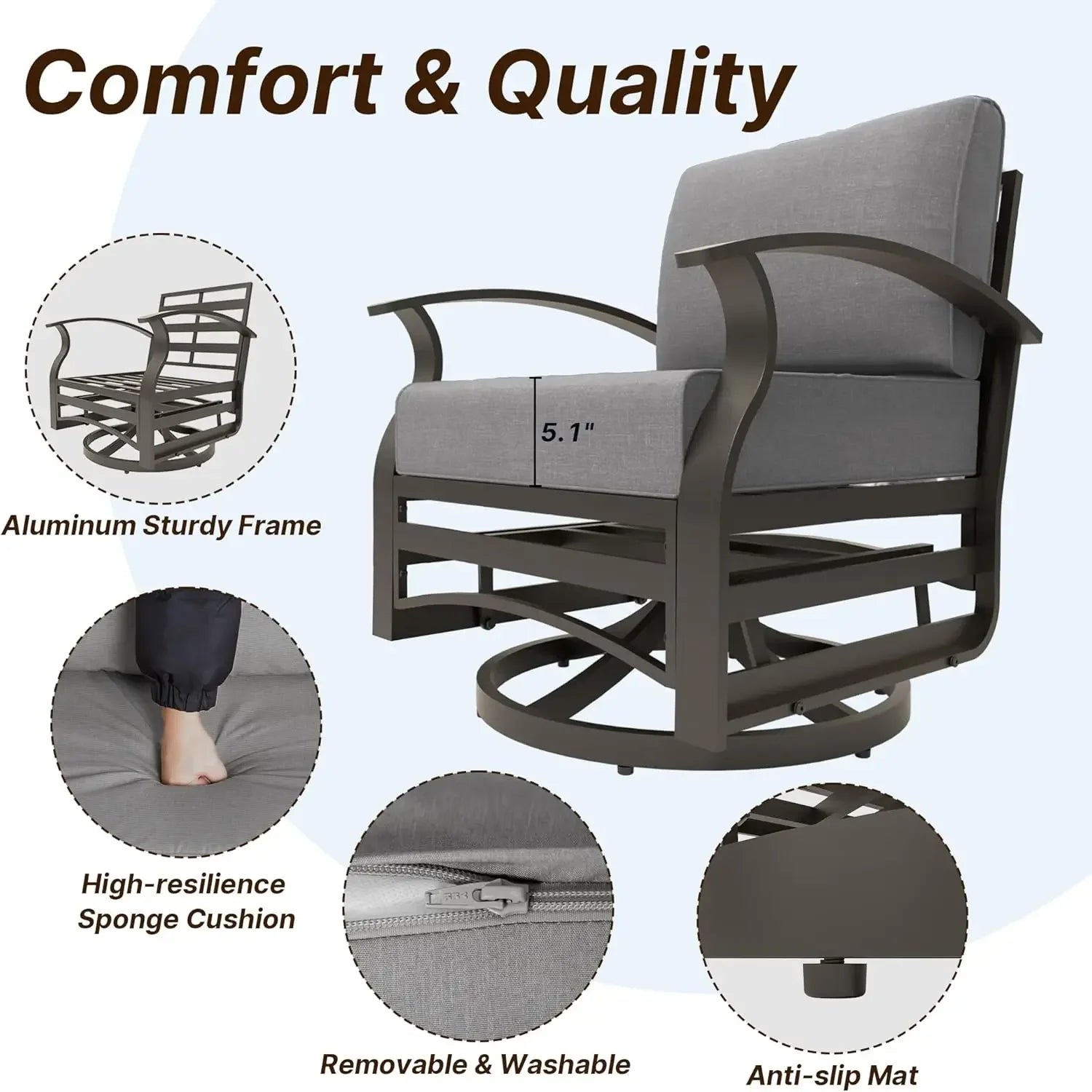 Aluminum Swivel Rocker Patio Chairs w/Thick Cushion, Rocking Chairs with Double Side Table for Balcony Porch/ Patio Pool,