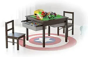 Wooden 2 in 1 Kids Construction Play Table and 2 Chairs Set with Storage Drawers, and Built in Plate for Lego and Dominos