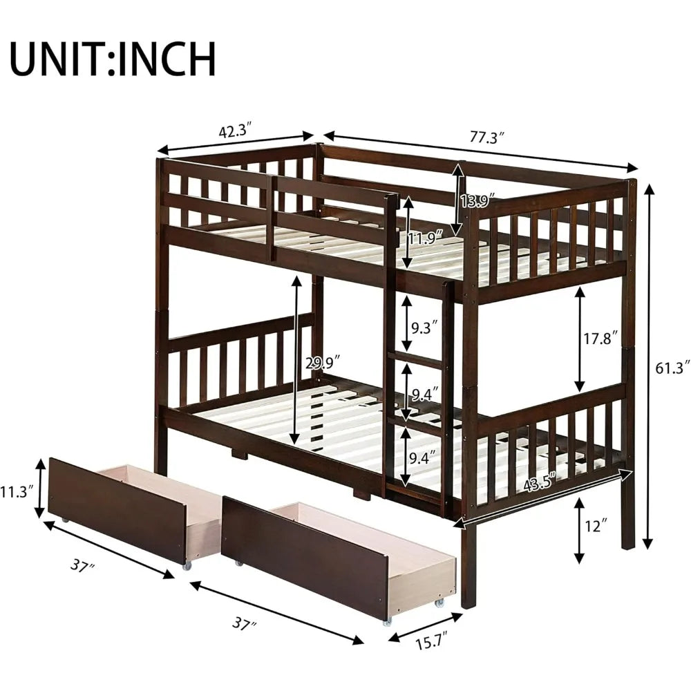 Solid Wood Twin Bunk Bed with Storage, Ladders, and Raised Guardrails for Kids, Convertible Option