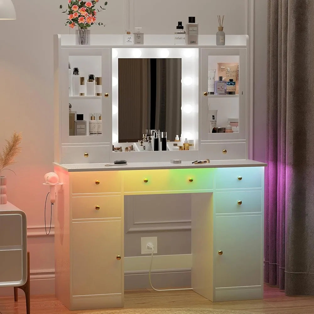 Illuminated Makeup Vanity Desk with White Mirror, Chair, and Charging Station