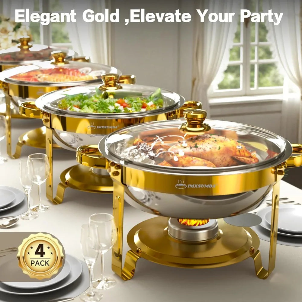 4-Pack Gold Round Chafing Dish Set, 5QT Buffet Warmers with Glass Lid for Parties, Weddings, Catering