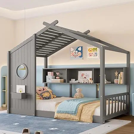 Twin-Sized Storage-Friendly Kids' Montessori Bed with Wooden House Frame and Roof