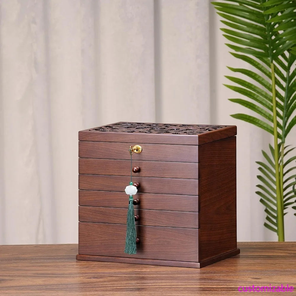 Large Vintage Wooden 5-Drawer Jewelry Organizer Box with Lock for Necklaces, Rings, and Earrings