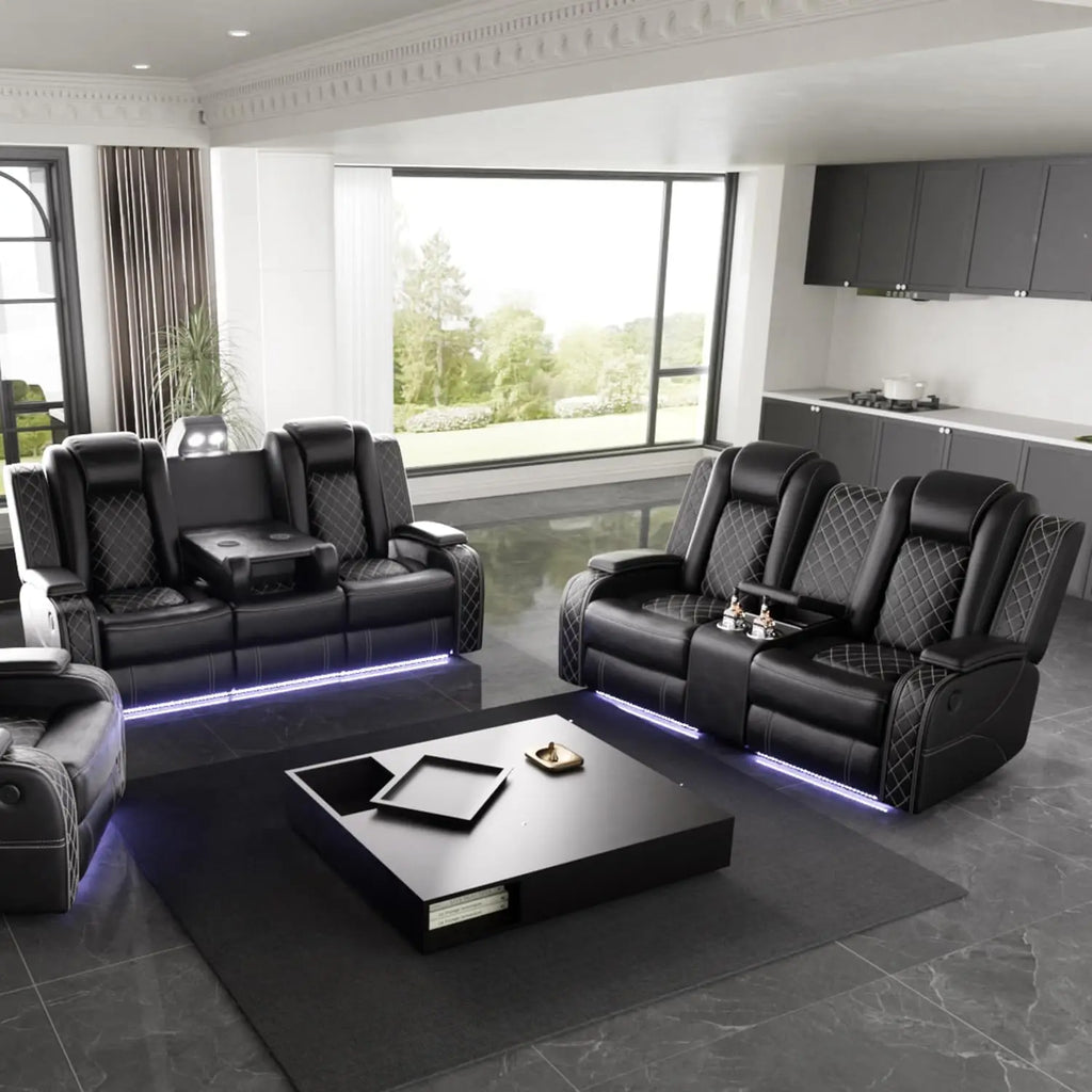 Power Recliner Sofa Set with LED Light for Living Room Furniture Black Leather 3 Seater Sofa