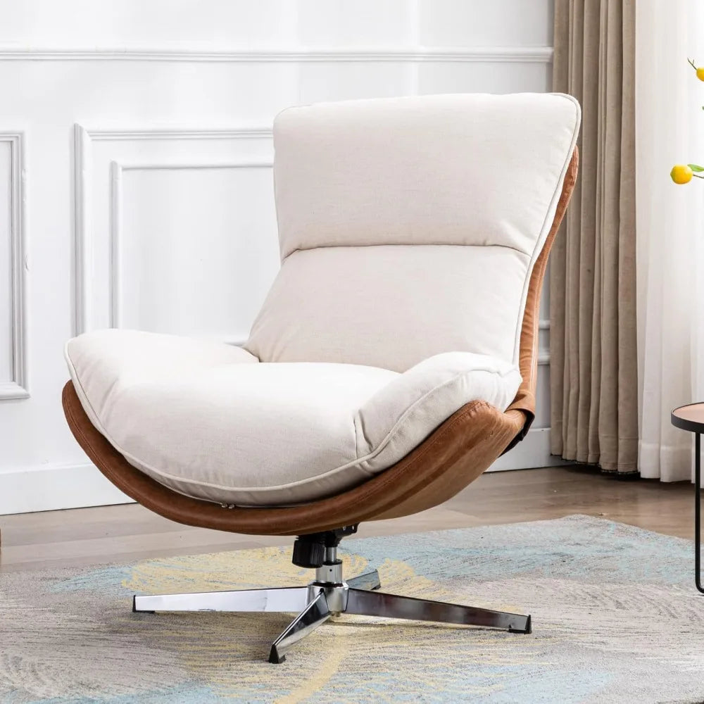 Linen Swivel Lounge Chair, Upholstered High Back Accent Chair with Metal Base Armless Comfy Modern Recliner Chair for Living Room