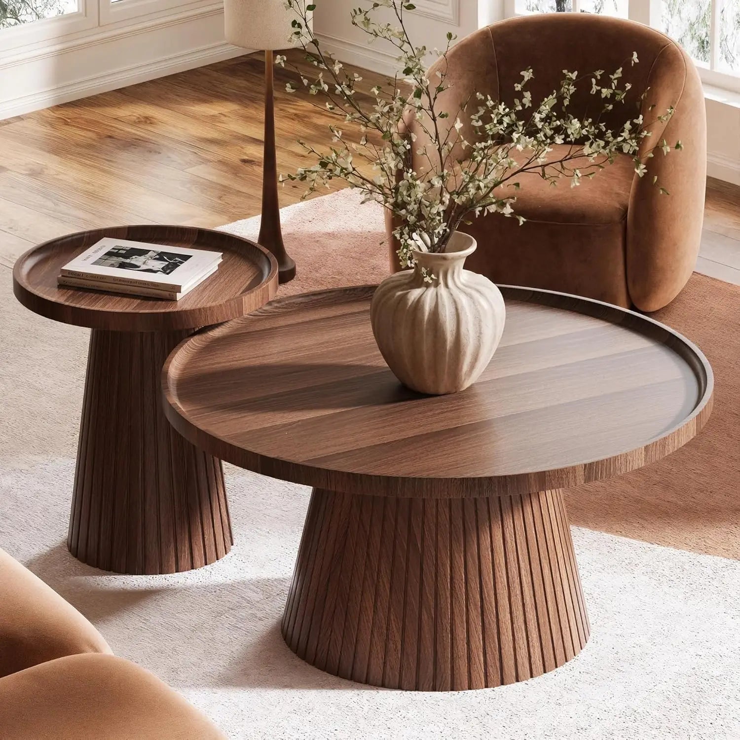 Nesting Coffee Table Set of 2, Mid Century Modern Coffee Table with Wood Grain Veneer, Fluted Round Tea Table