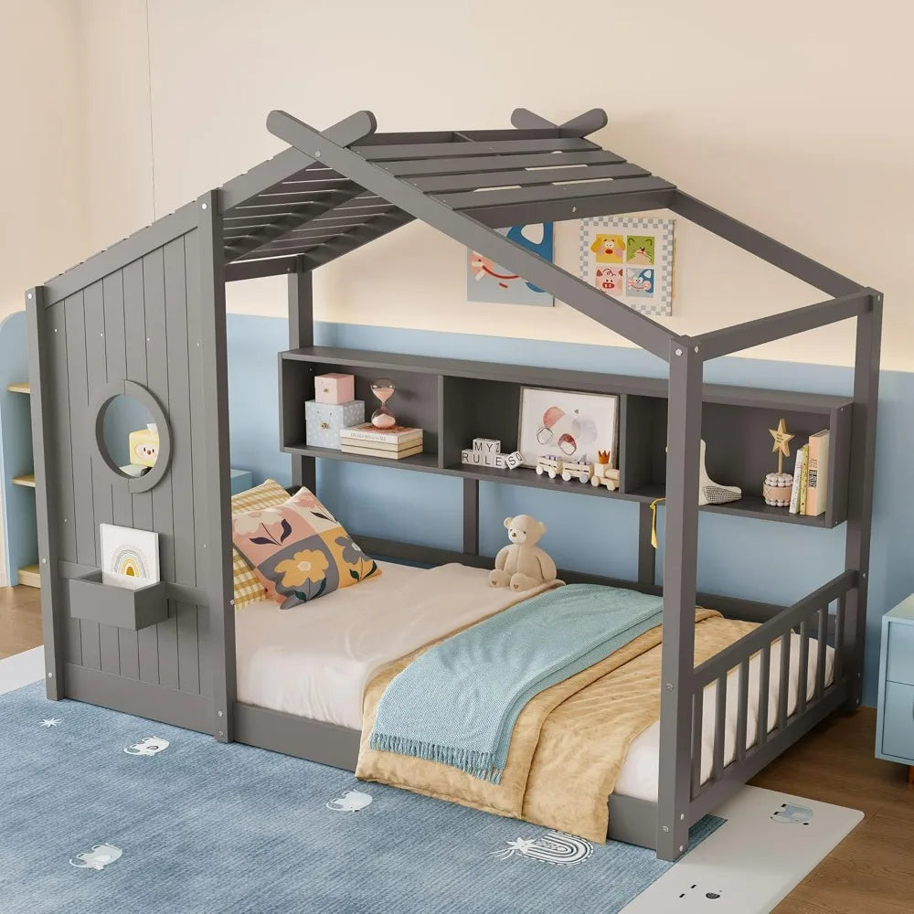 Twin-Sized Storage-Friendly Kids' Montessori Bed with Wooden House Frame and Roof