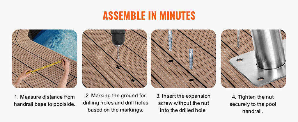 Pool Handrail Stainless Steel with Base Plate for Indoor/Outdoor Swimming Pool Safety Railing w/ Grip Cover for Decks