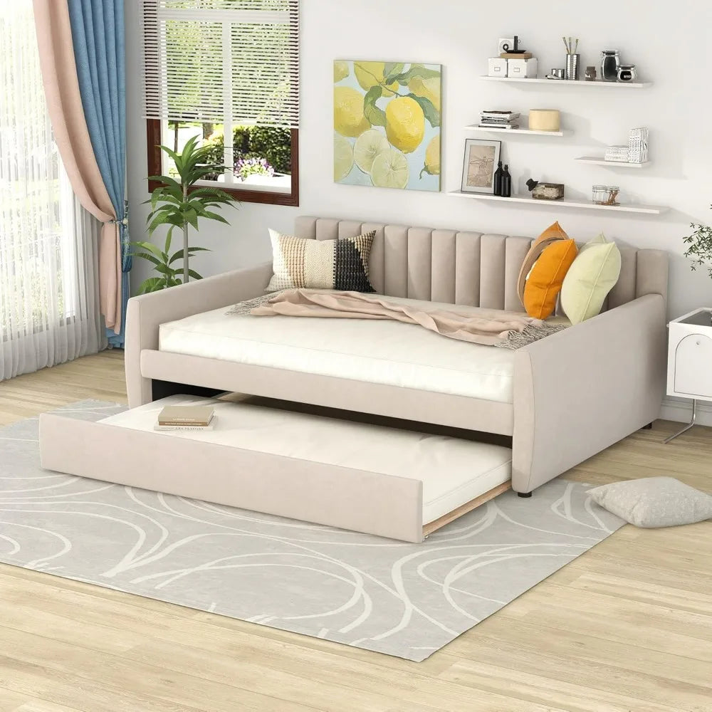 Beige Daybed Full Size with Trundle and Wood Slat Support, No Box Spring Needed