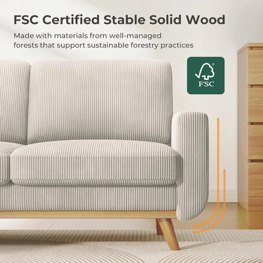 68" loveseat sofa light grey, comfy corduroy couch with spring cushion and solid wood, modern deep seat for bedroom, living roo